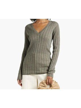 Brunello Cucinelli Women' Sz L Metallic Olive Green Ribbed Long Sleeve Sweater